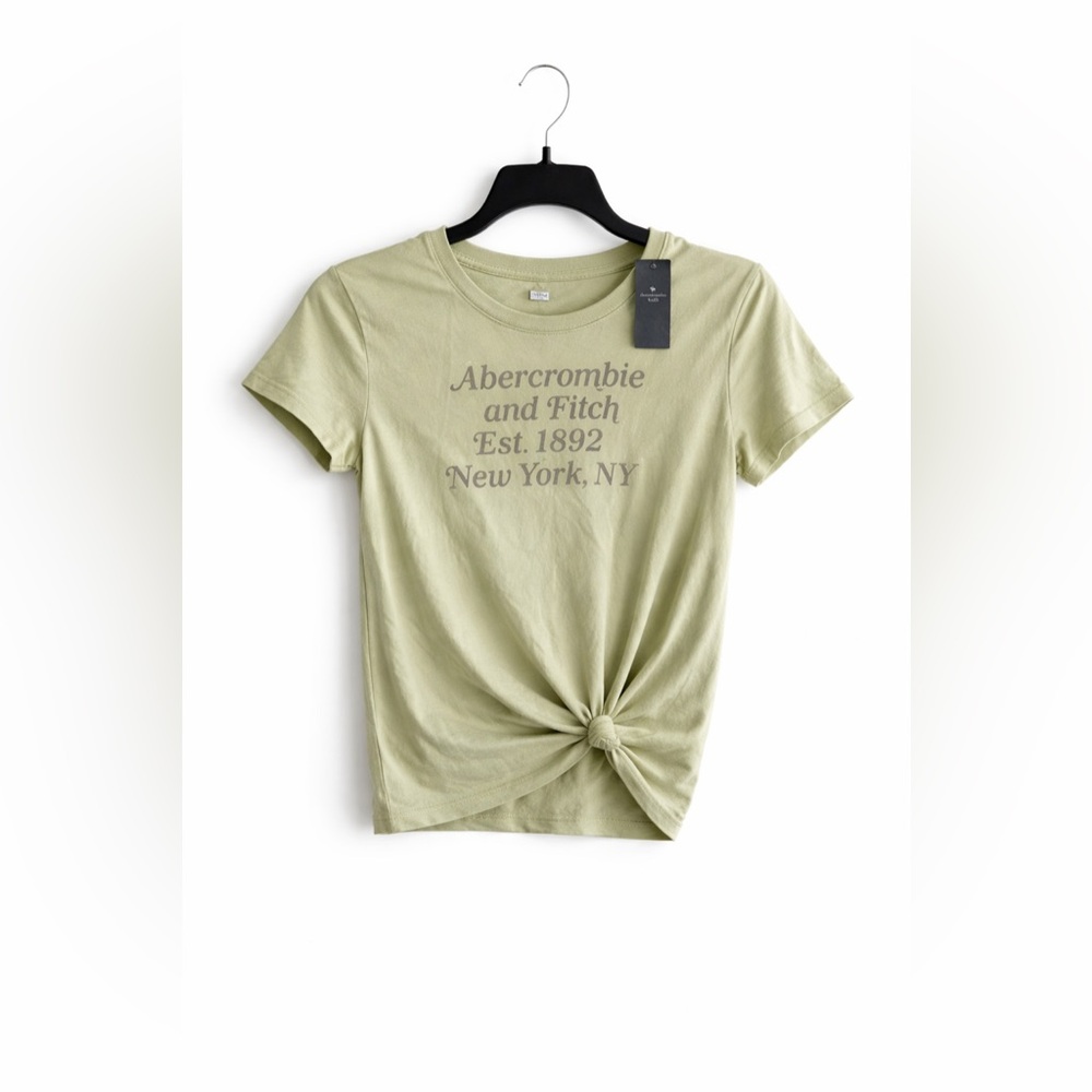 abercrombie kids sage green logo tee with pink lettering